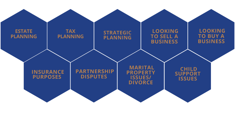Estate planning, tax planning, strategic planning, looking to sell a business, looking to buy a business, insurance purposes, partnership disputes, marital propert issues/divorce, child support issues